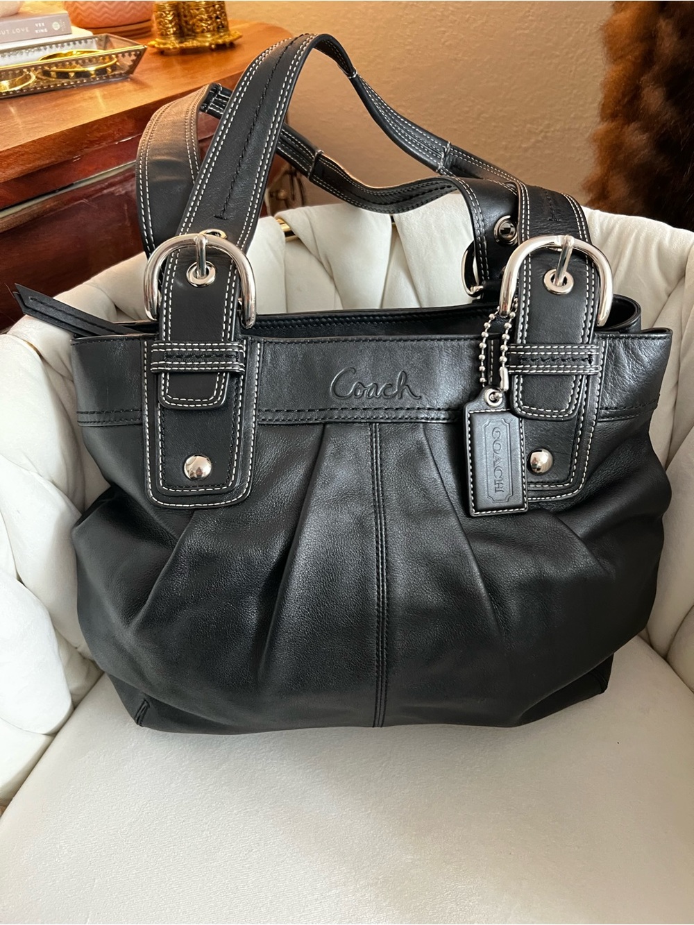 Coach Black Soho Leather Pleated Shoulder Bag with Silver Hardware